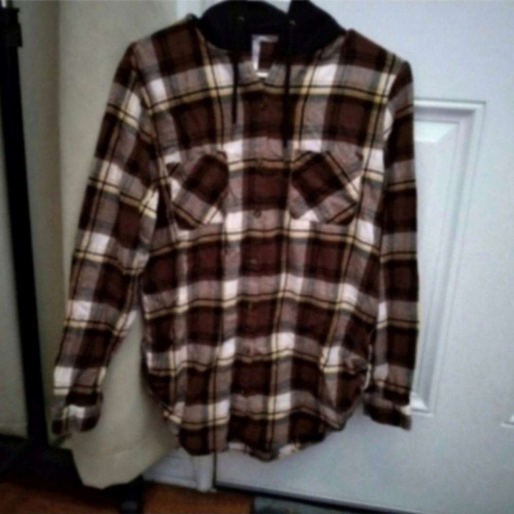 Plaid Flannel Shirt Hoodie Women's Junior (15-17) XL  Brown Gold Winter Casual